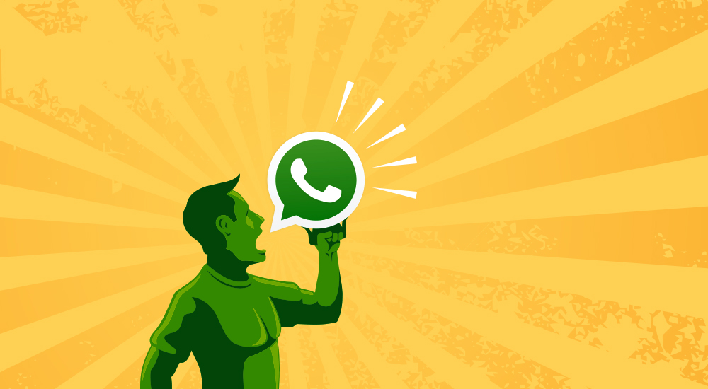 Ilustração de homem segurando alto falante com ícone do Whatsapp