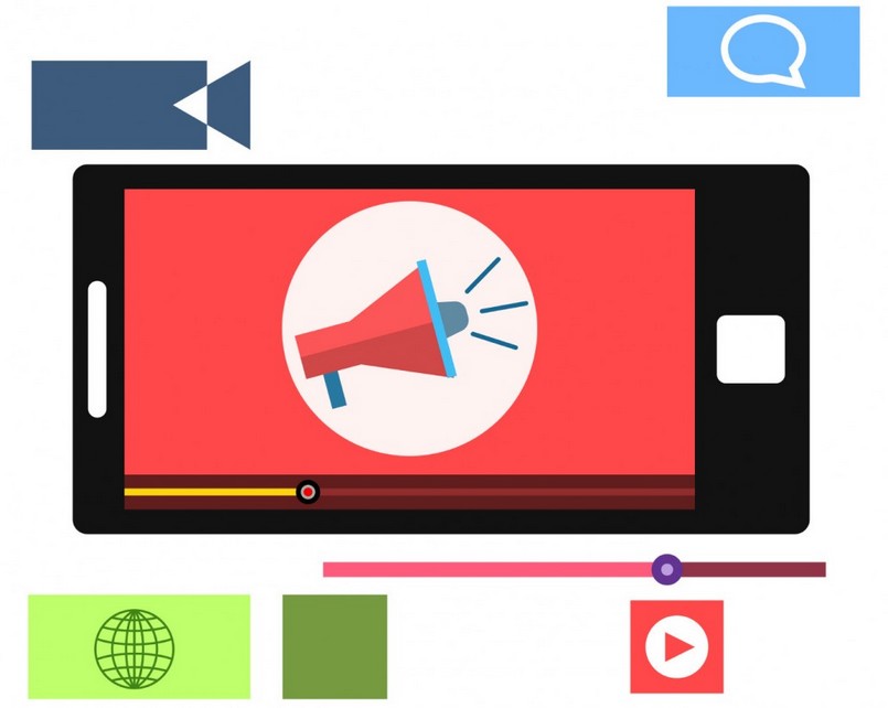 Ilustração de um celular na horizontal com um vídeo de um megafone