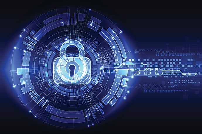 Ilustração com aspecto futurista, com um cadeado transparente em frente a um fundo azul. Representa a segurança do blockchain no cloud computing