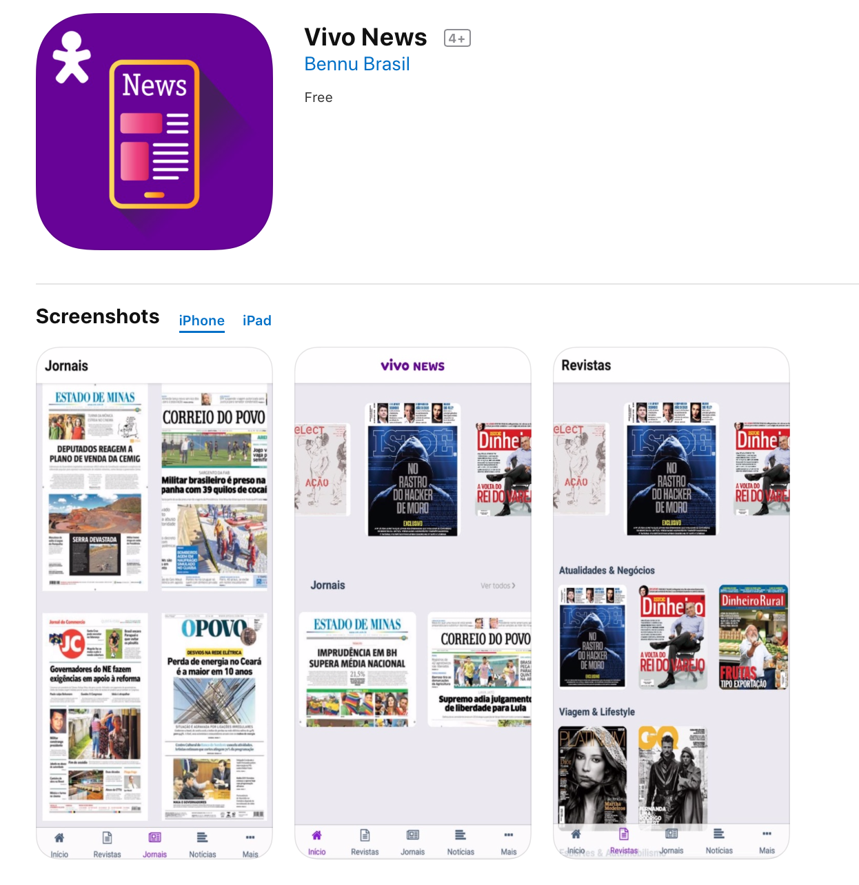 Bem informado: print da tela do Vivo News, que pode ser baixado na Apple Store.