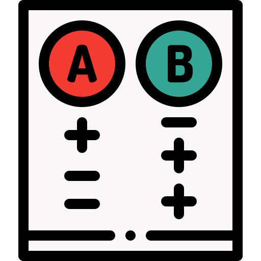 Ilustração das letras A e B, com sinais de positivo e negativo.