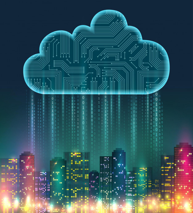Imagem de uma nuvem virtual em uma cima de uma cidade para simbolizar o uso de cloud.