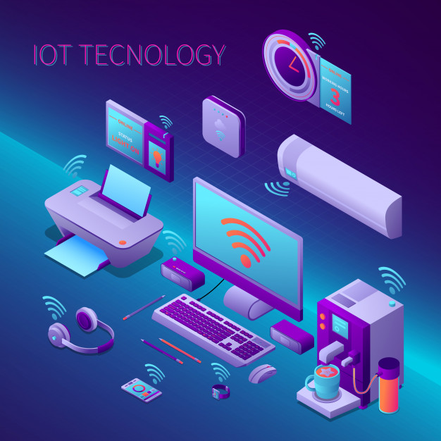 Imagem de vários dispositivos conectados e integrados para simbolizar a IoT. 