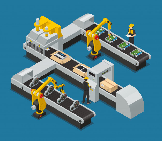 Imagem de uma área de industrial onde homens e máquinas trabalham juntas para simbolizar a indústria 4.0. 