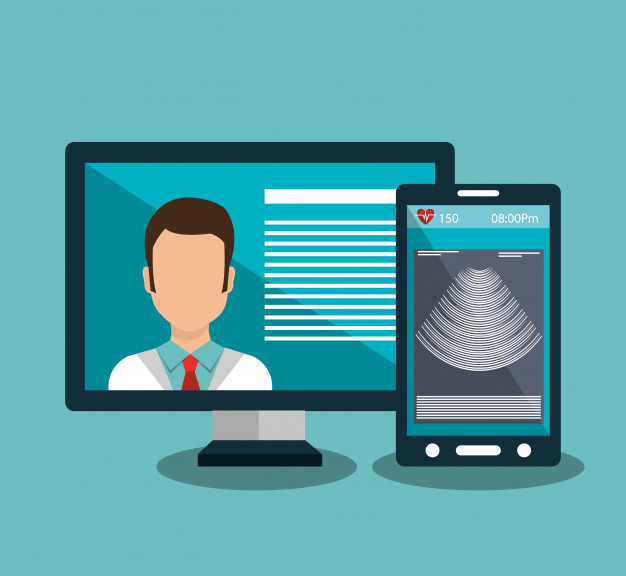Imagem de um médico na tela de um computador para simbolizar a telemedicina. 