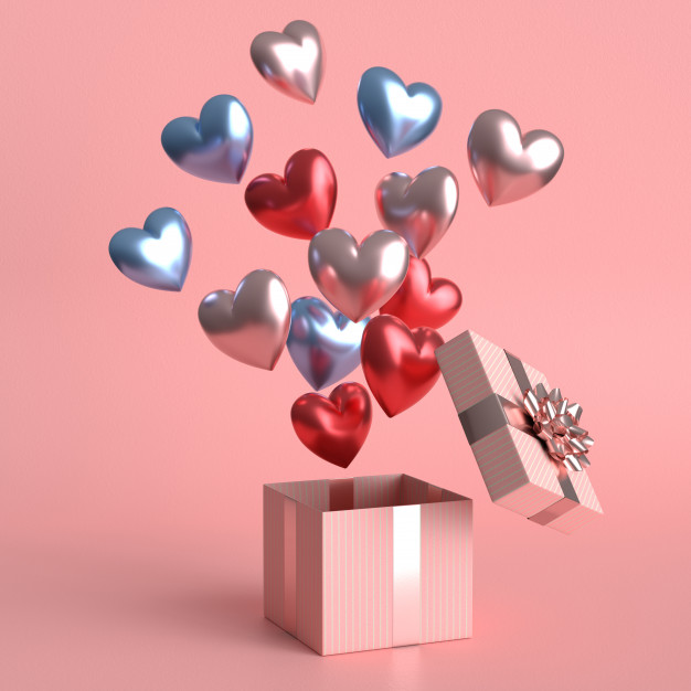 Imagem de uma caixa de presente rosa e balões de corações saindo dela.