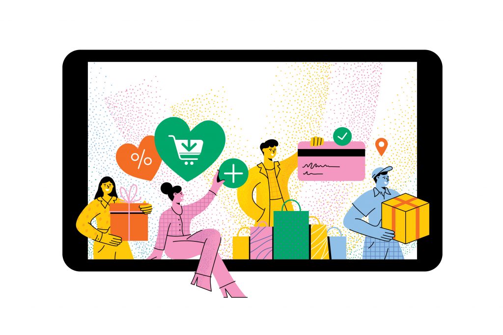 lojas online: ilustração com diferentes pessoas fazendo compras