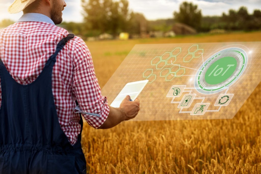 Imagem de um homem de costas com um tablet na mão no meio de um campo e a palavra IoT escrita para simbolizar o uso de IoT para fazendas.