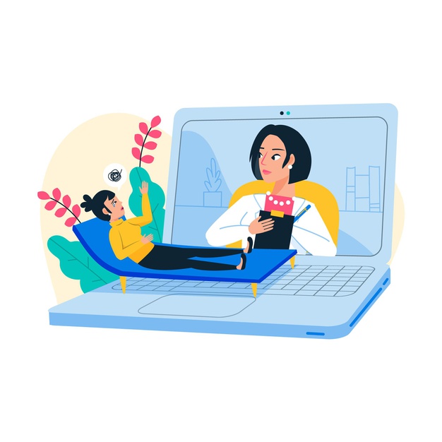 Imagem de uma mulher sentada em um divã em cima de uma computador conversando com uma médica online. 