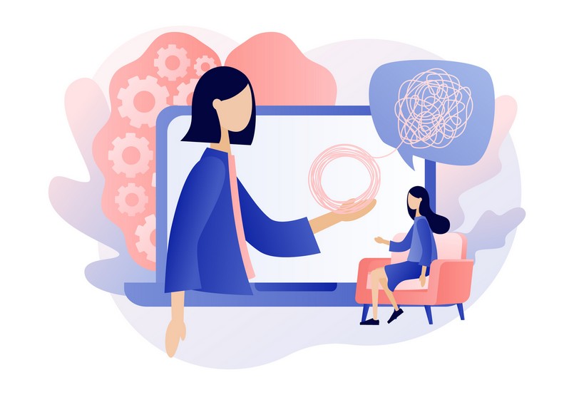 Ilustração de uma mulher sentada conversando com outra pelo computador para simbolizar a terapia online.
