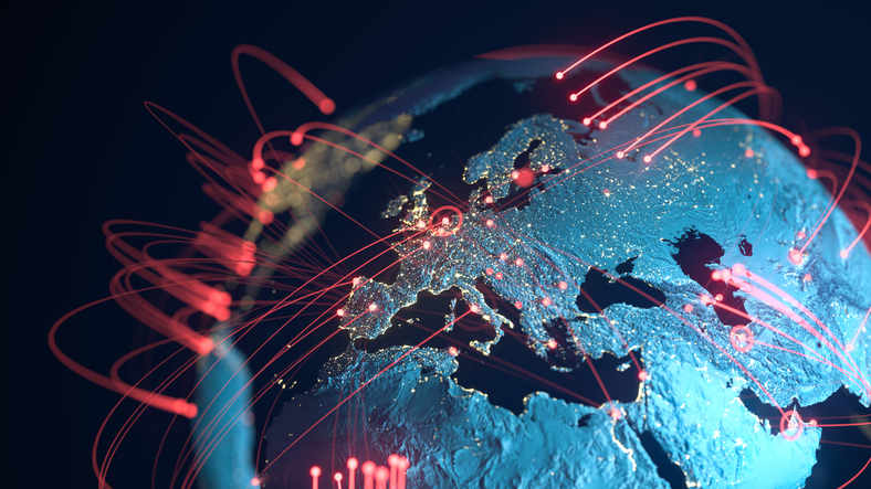 Imagem de linhas de conexão globais simbolizando a gestão na era digital