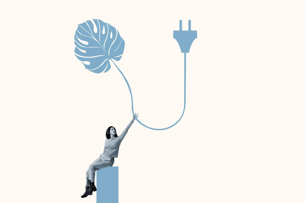 Representação gráfica de mulher tocando uma folha ilustrando empresas sustentáveis